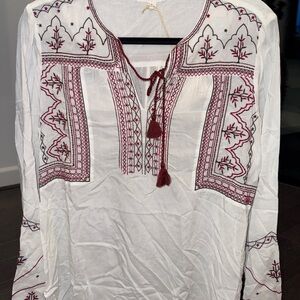 beachlunchlounge White and Burgundy Embroidered Blouse